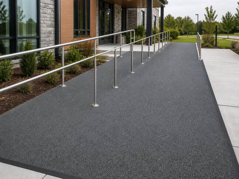 Installer smoothing rubber surfacing onto a ramp edge with a hand trowel