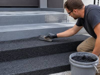 Crew installing rubber resurfacing on concrete steps