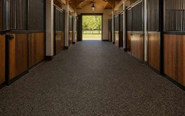 Finished rubber resurfaced aisle inside a horse barn