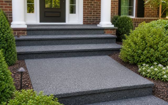 Finished rubber resurfaced steps and walkway leading to a front entrance