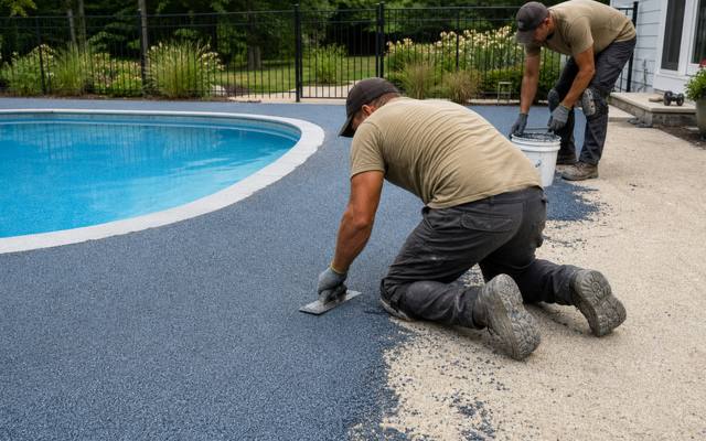 Rubber resurfacing being troweled onto a pool deck edge